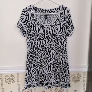 INC Black White Animal Zebra Print Mini Dress L Tunic Top Short Sleeves Stretch